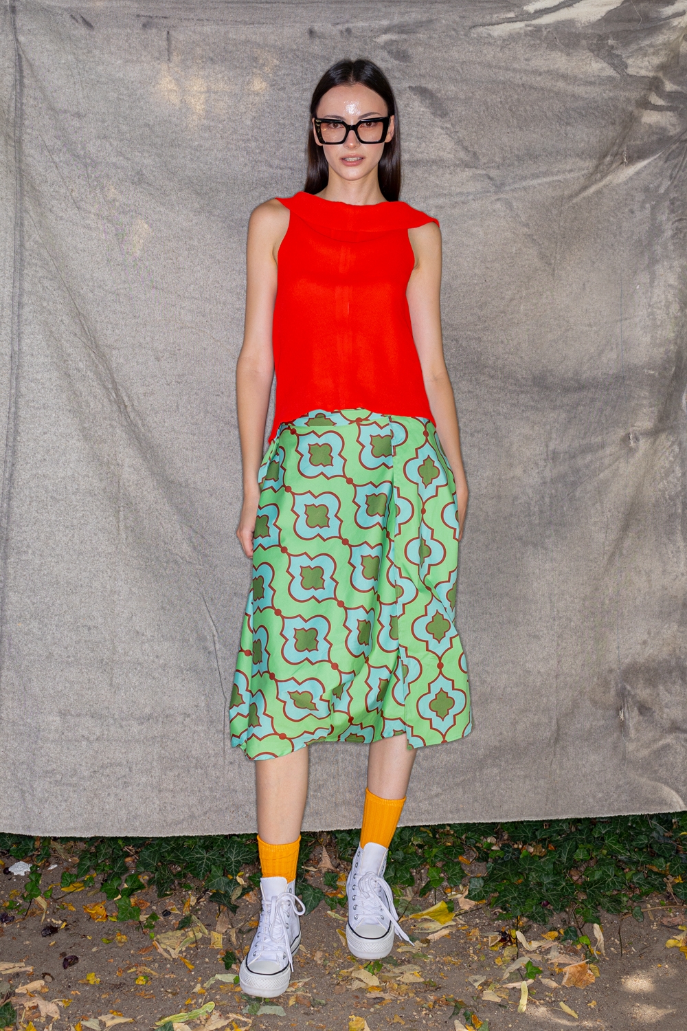 Fustă Andreea din bumbac verde cu print portocaliu by Bpopp