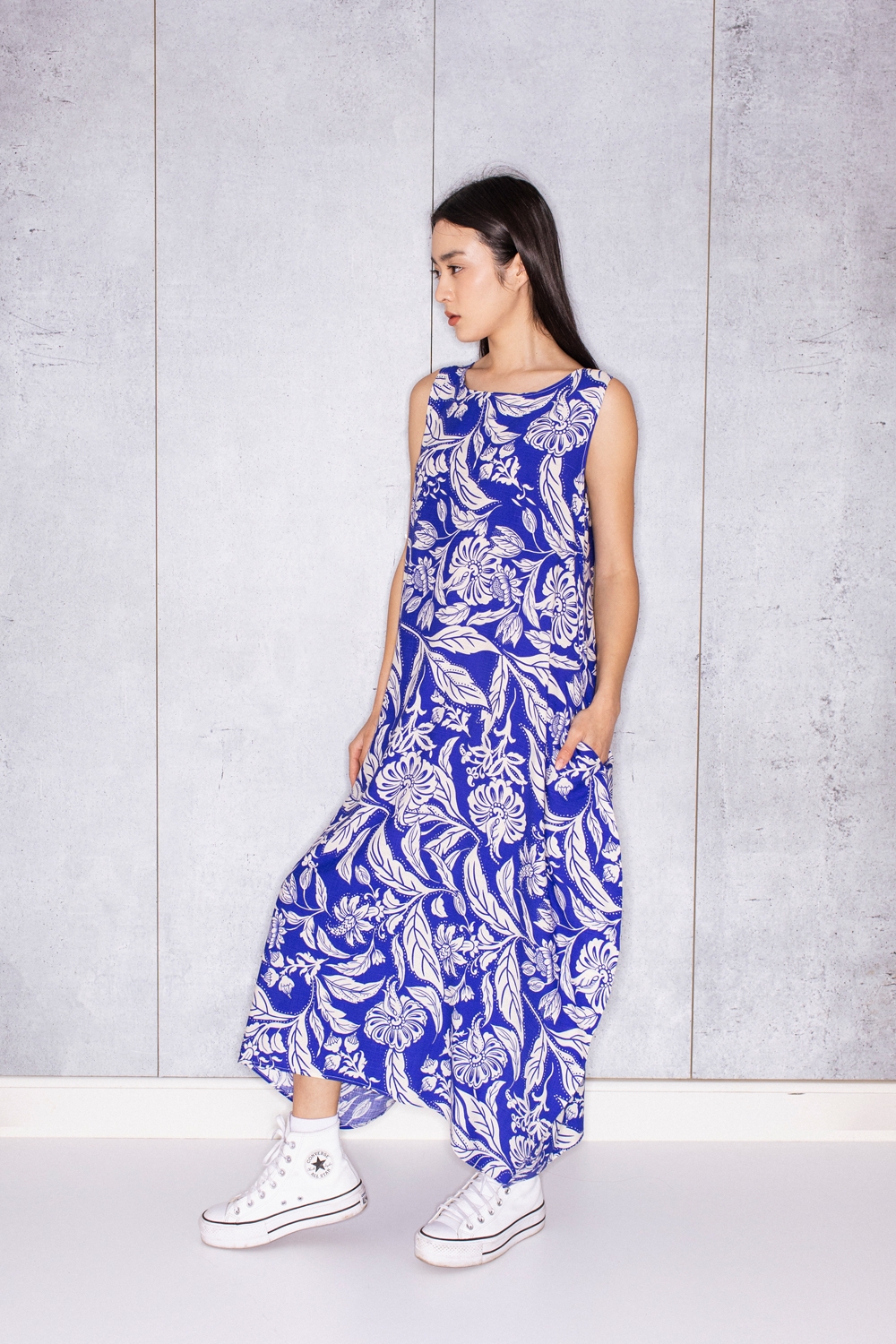 Rochie Elena cu print albastru cu alb by Bpopp