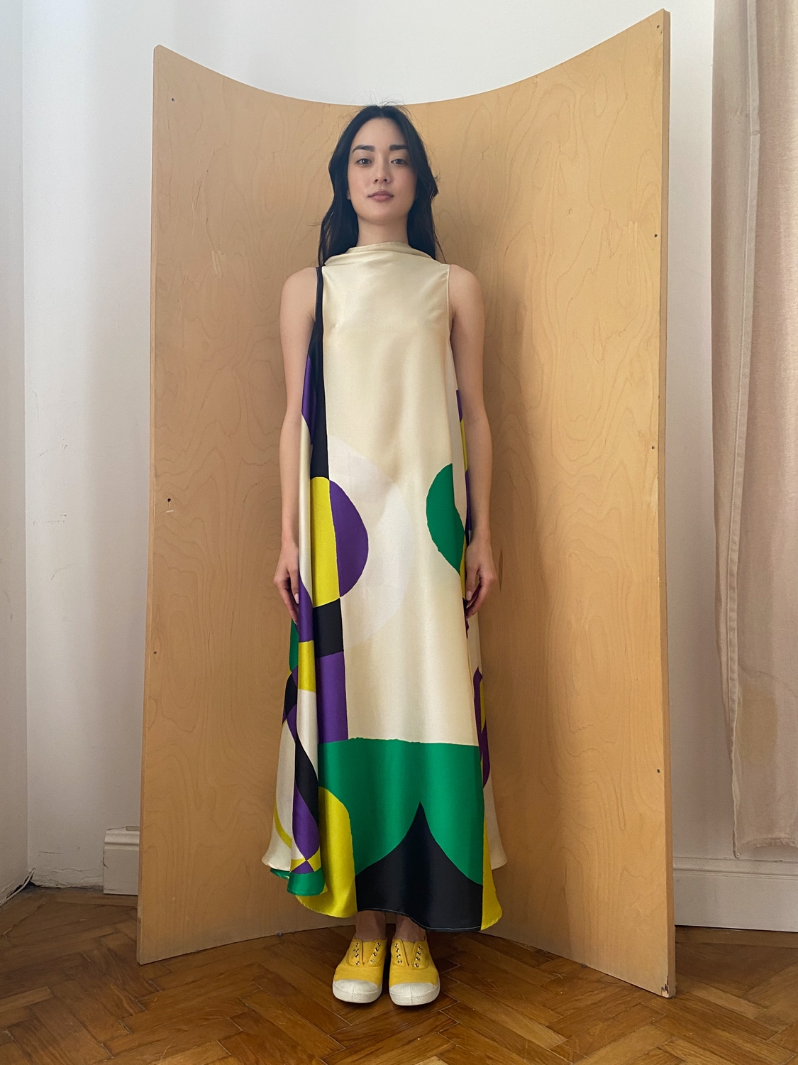 Rochie Ileana lungă cu print negru și mov by Bpopp