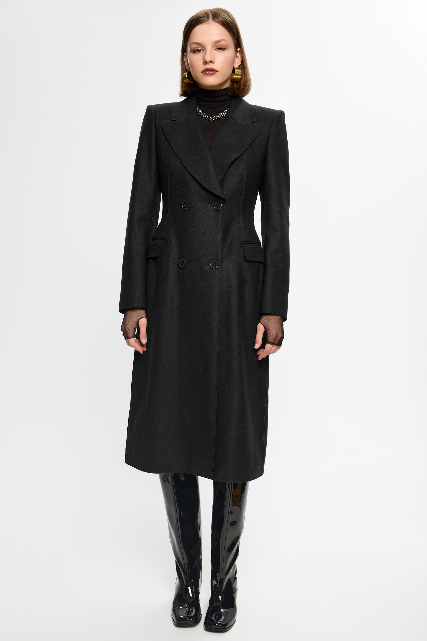 Nuria black wool coat with a fitted waist by Framboise