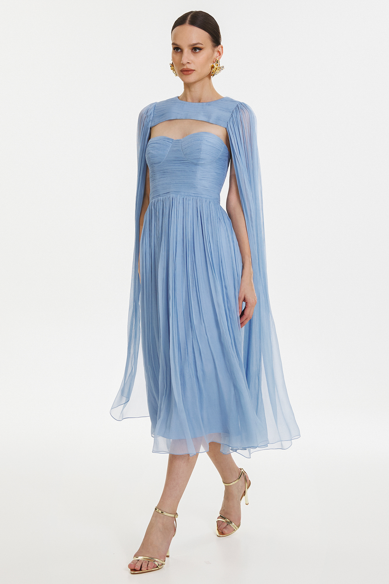 Pettle blue silk ruched cape dress by Framboise