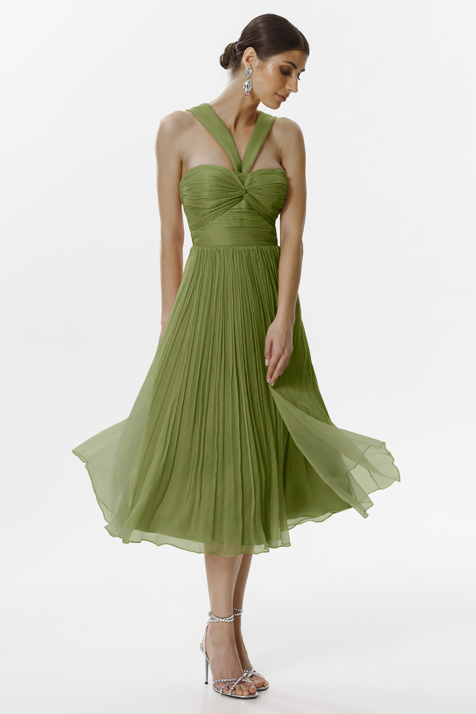 Reverie elegant ocher green silk midi dress by Framboise