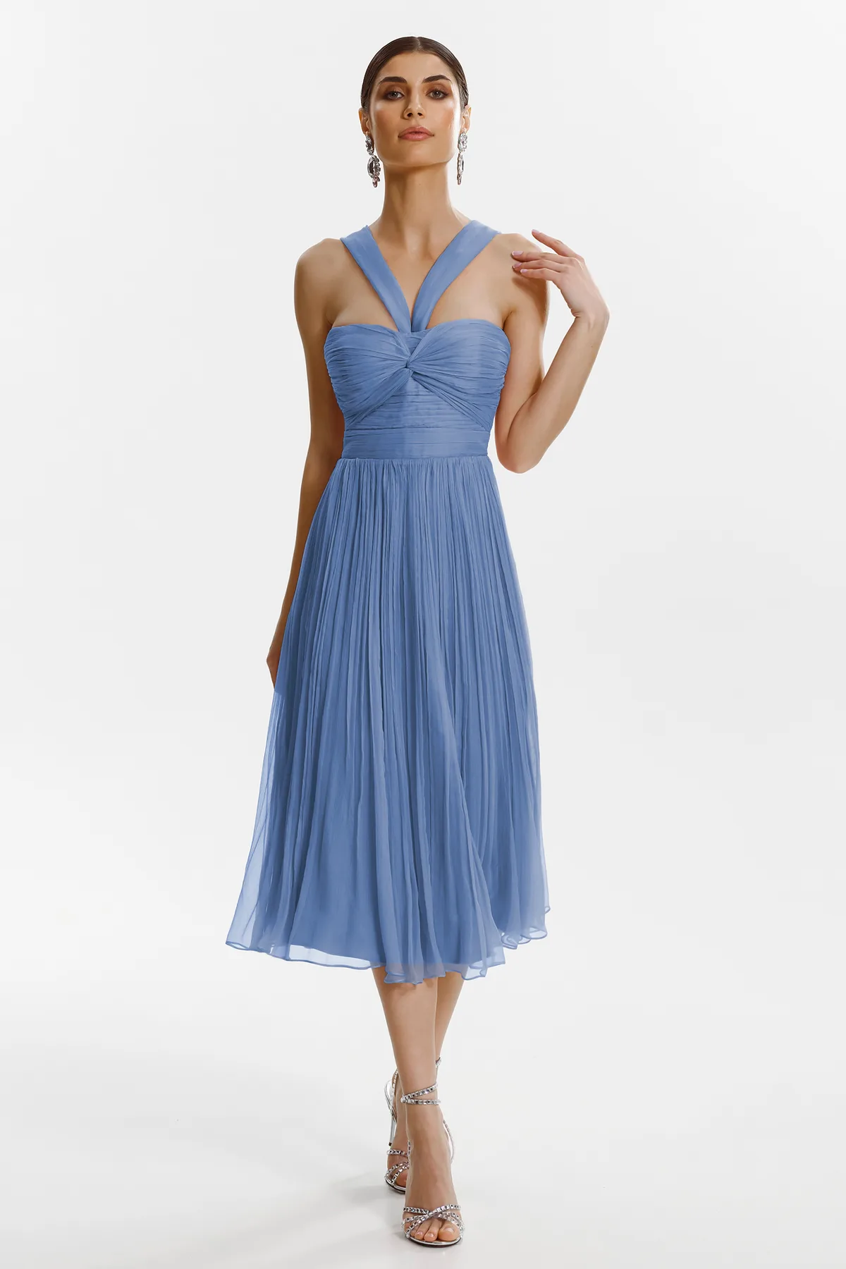 Talisa elegant blue silk midi dress by Framboise