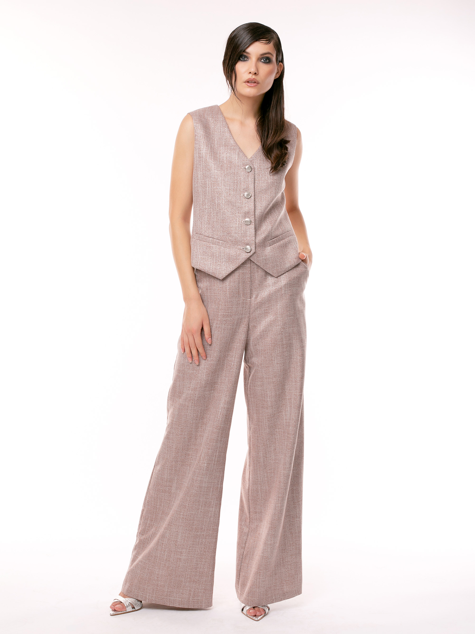 Pantaloni evazati maro cu fir metalic by Larisa Dragna