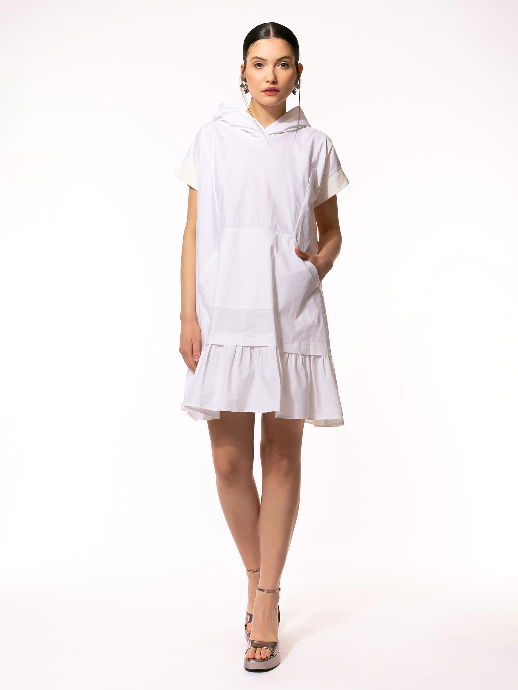 Rochie alba din bumbac cu gluga by Larisa Dragna