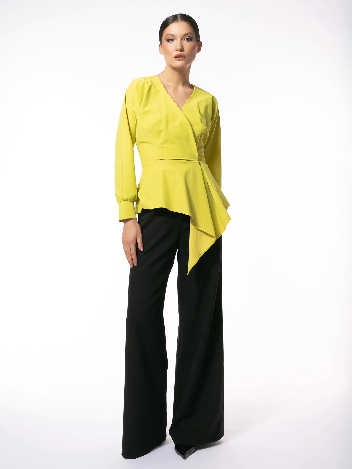 Bluză Acid Lime cu Peplum Asimetric și Talie Marcantă by Larisa Dragna