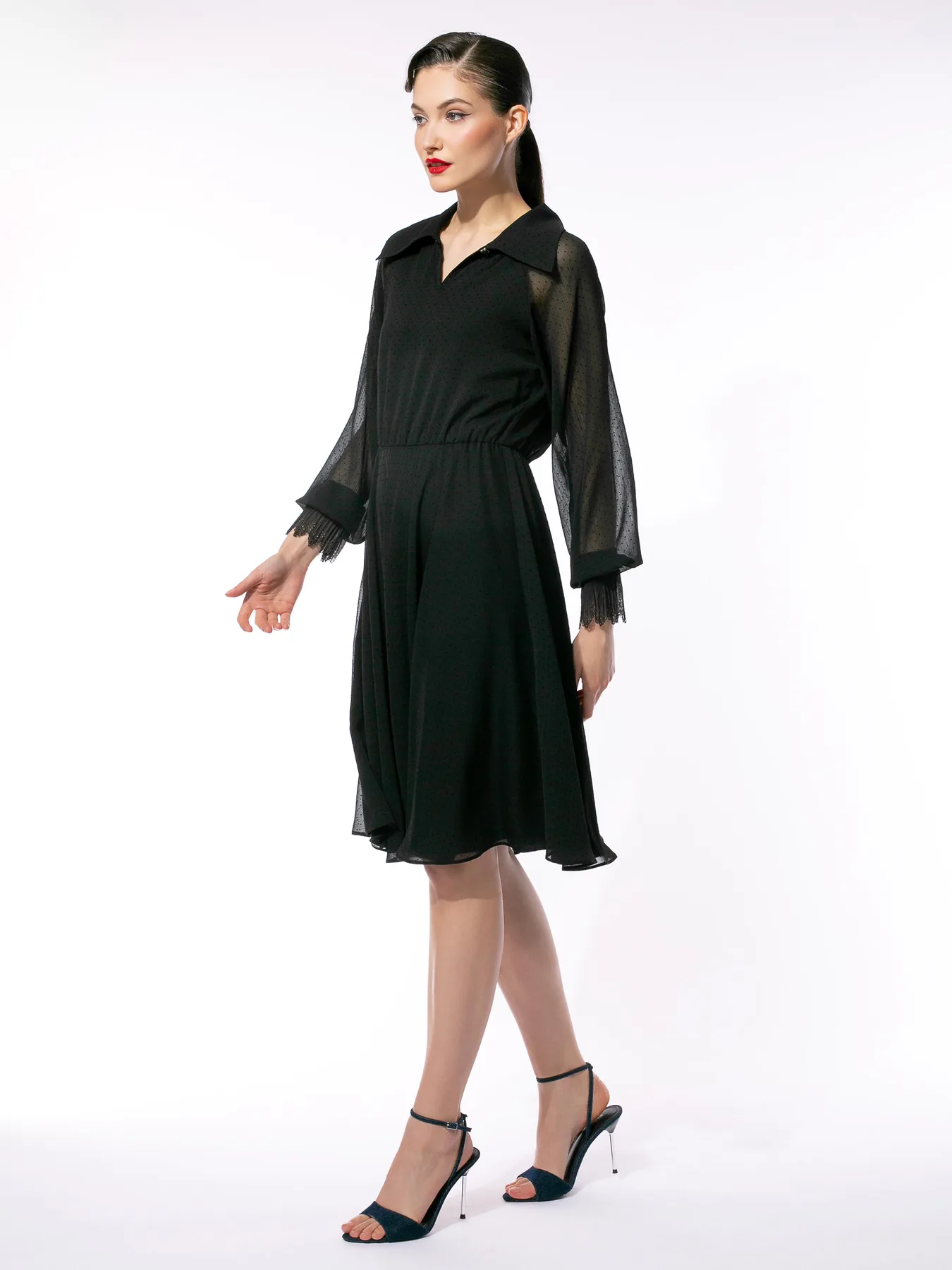 Rochie midi neagră din voal cu buline by Larisa Dragna
