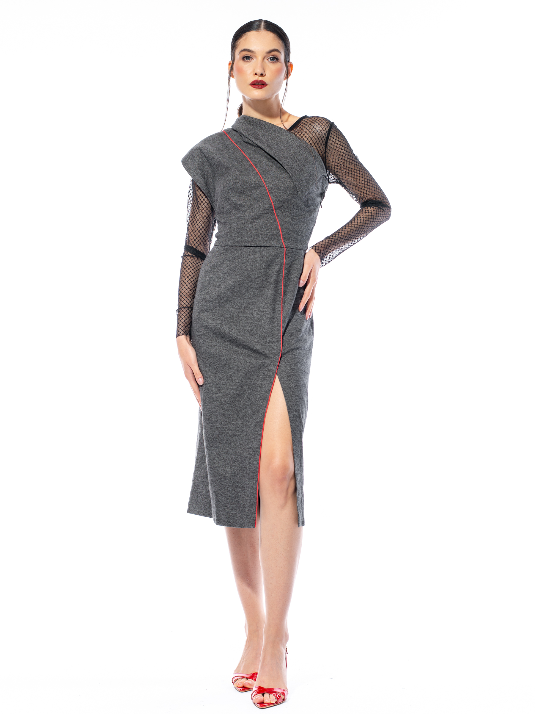 Rochie gri cu vipușcă Caroline by Larisa Dragna