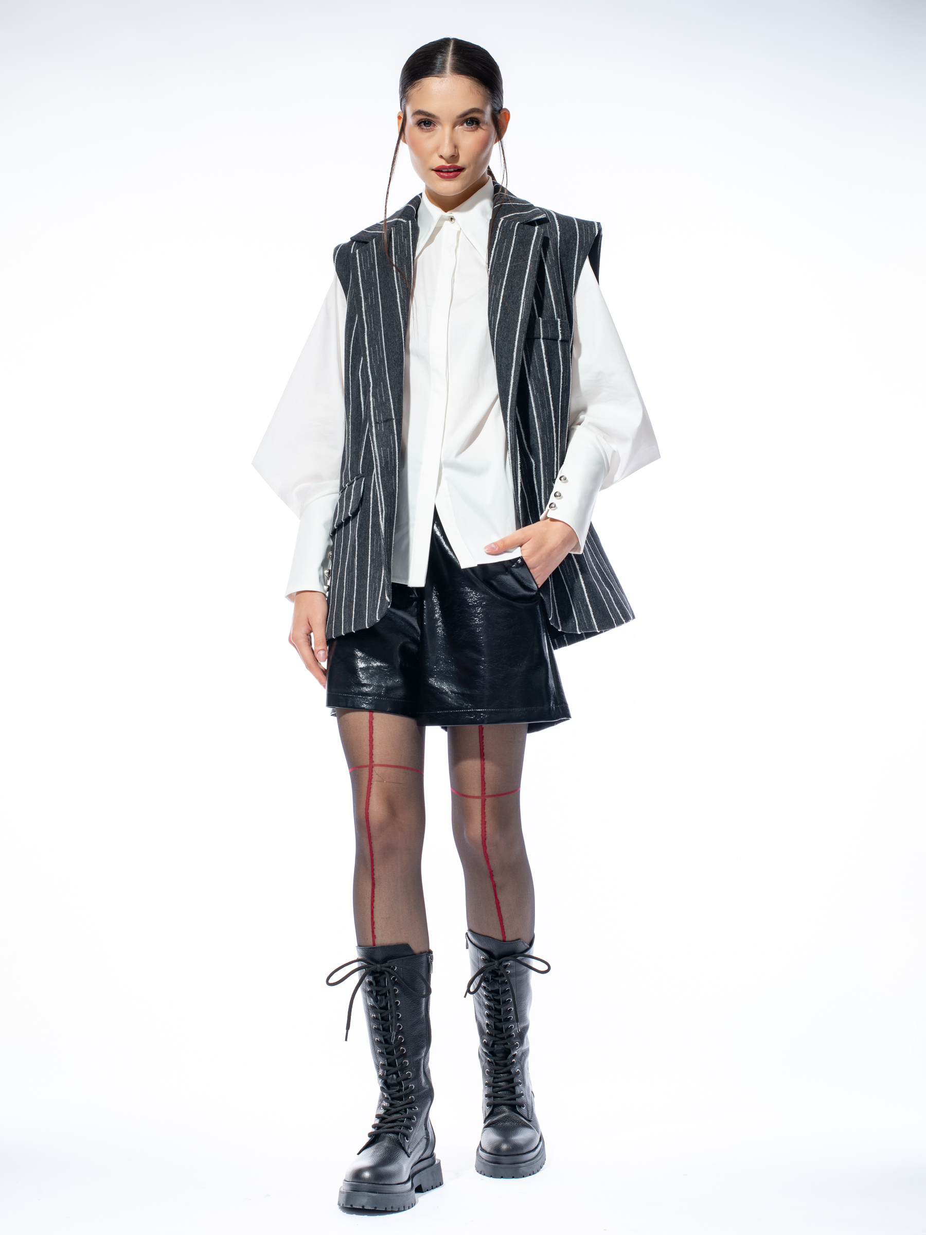 Vestă oversized din denim gri cu dungi by Larisa Dragna