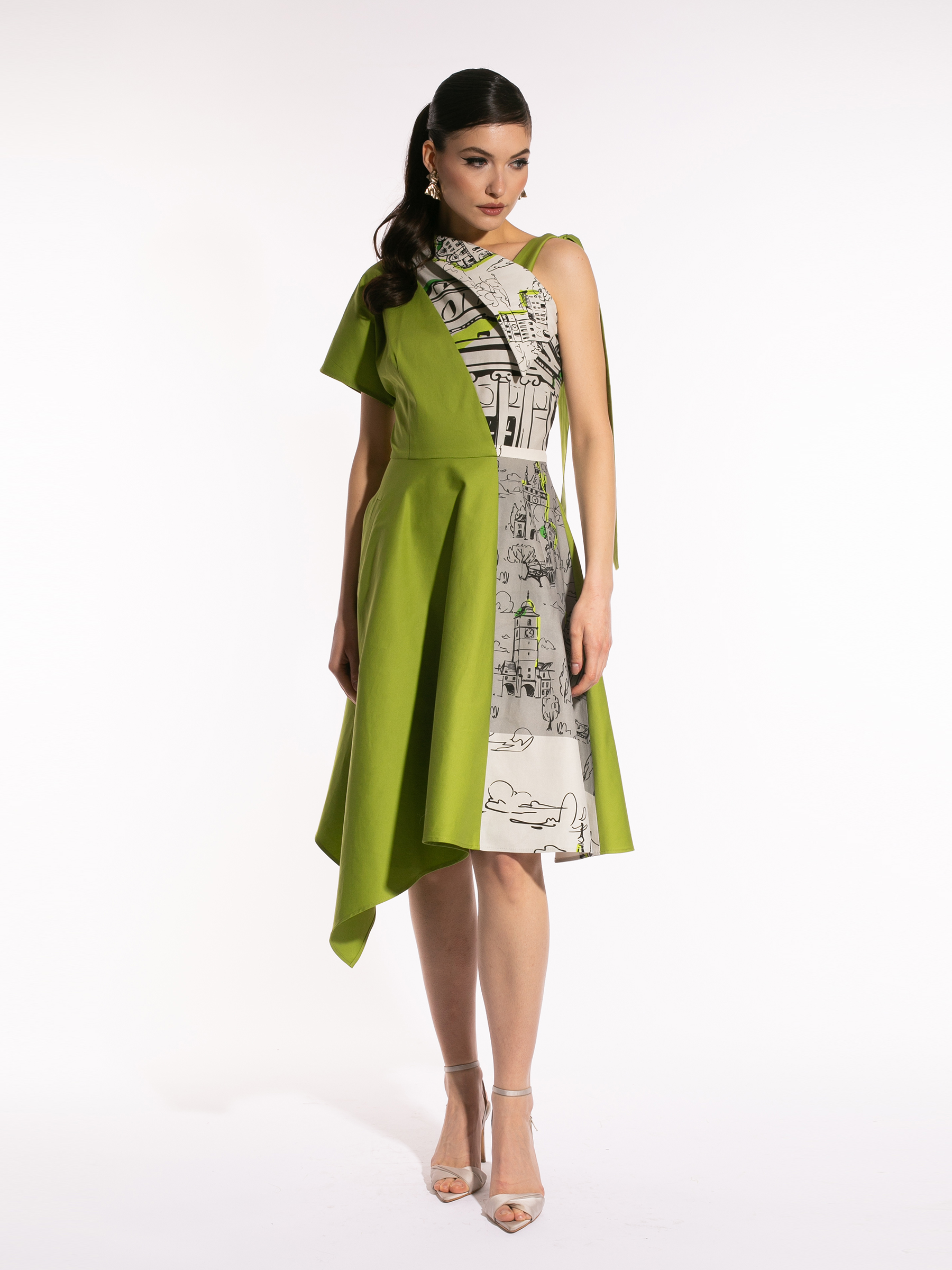 Rochie lime duo din bumbac cu tiv asimetric by Larisa Dragna