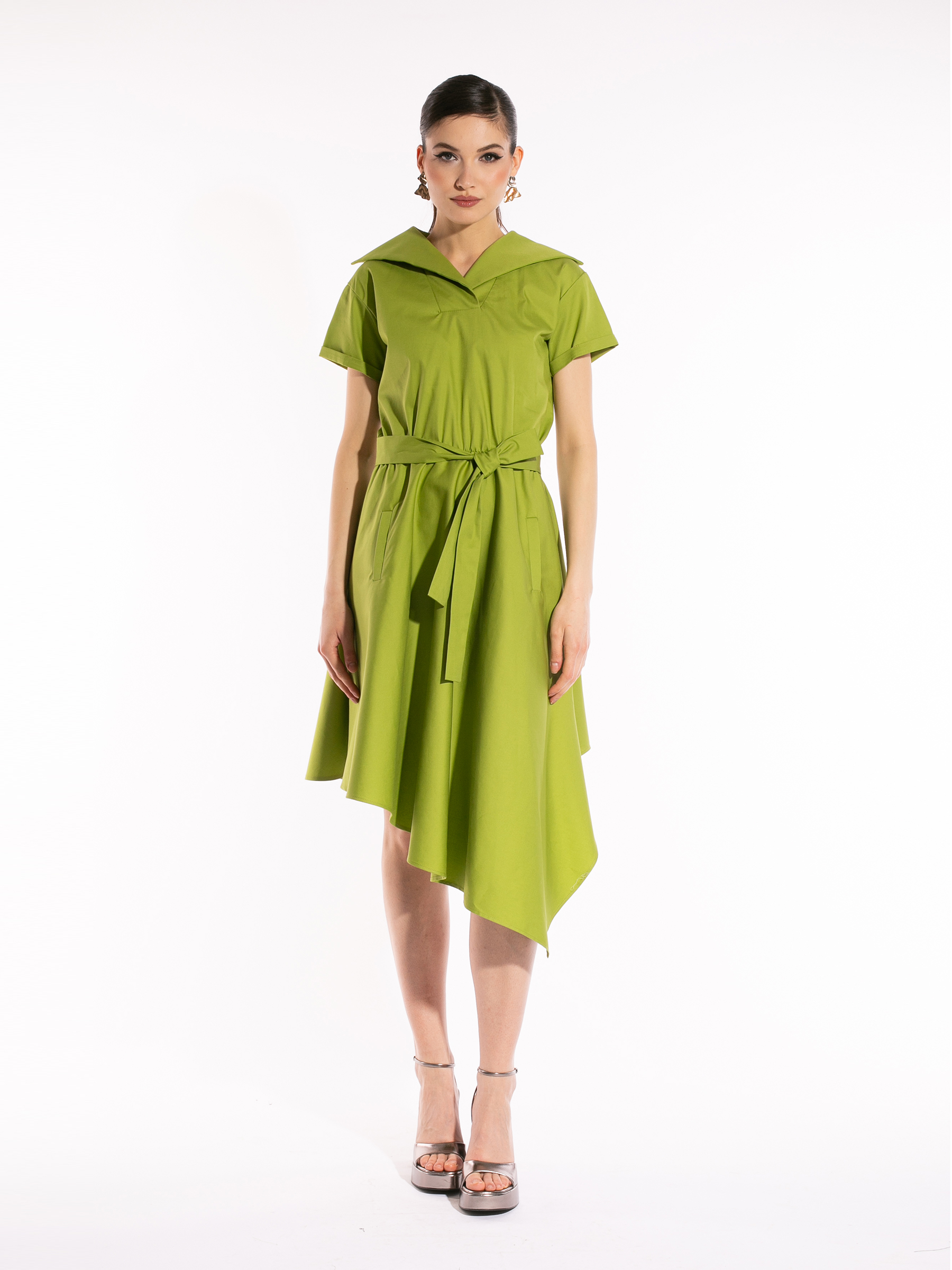 Rochie verde din bumbac cu guler pătrat by Larisa Dragna