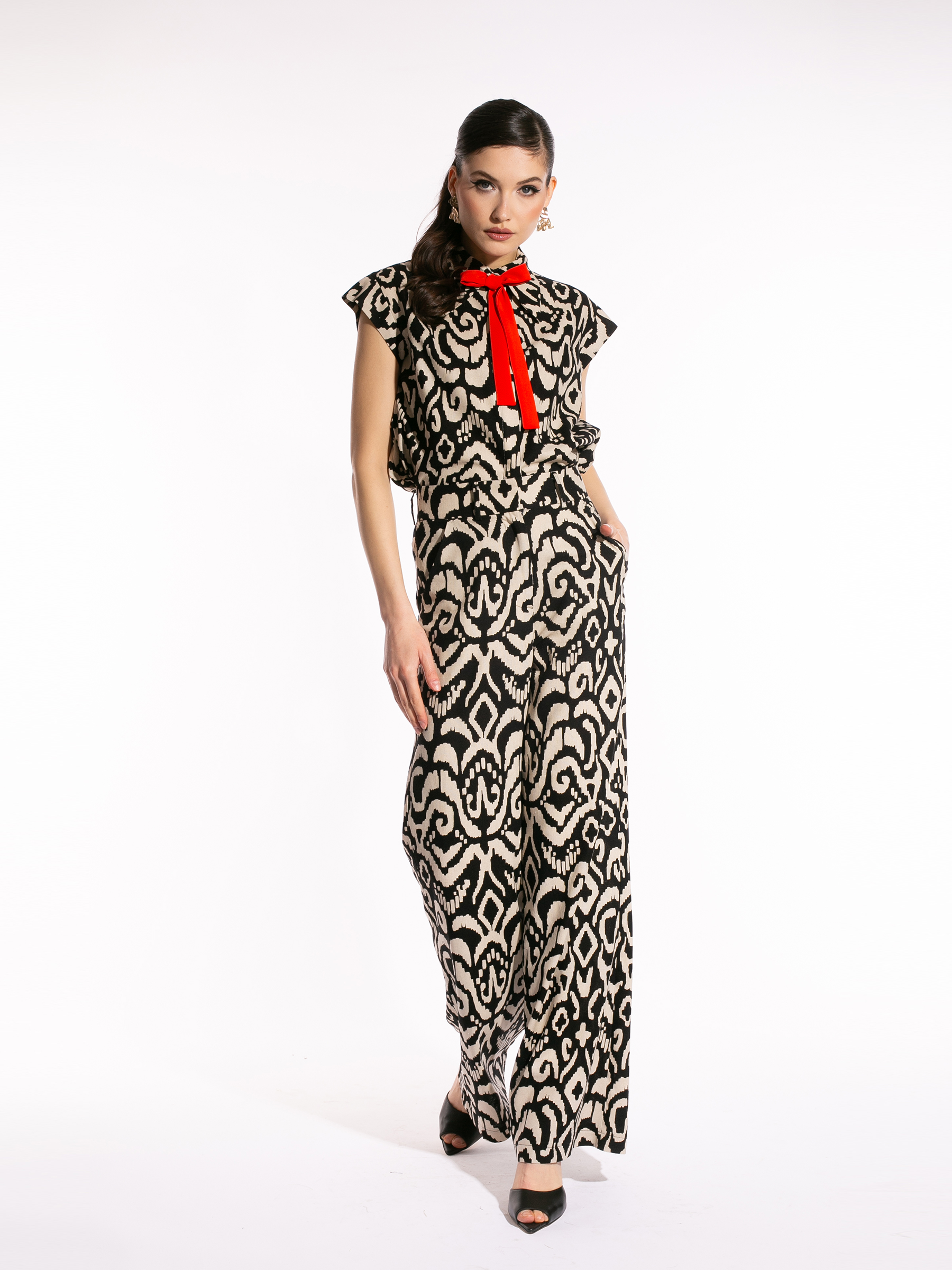 Pantaloni drepți din in cu print tribal by Larisa Dragna