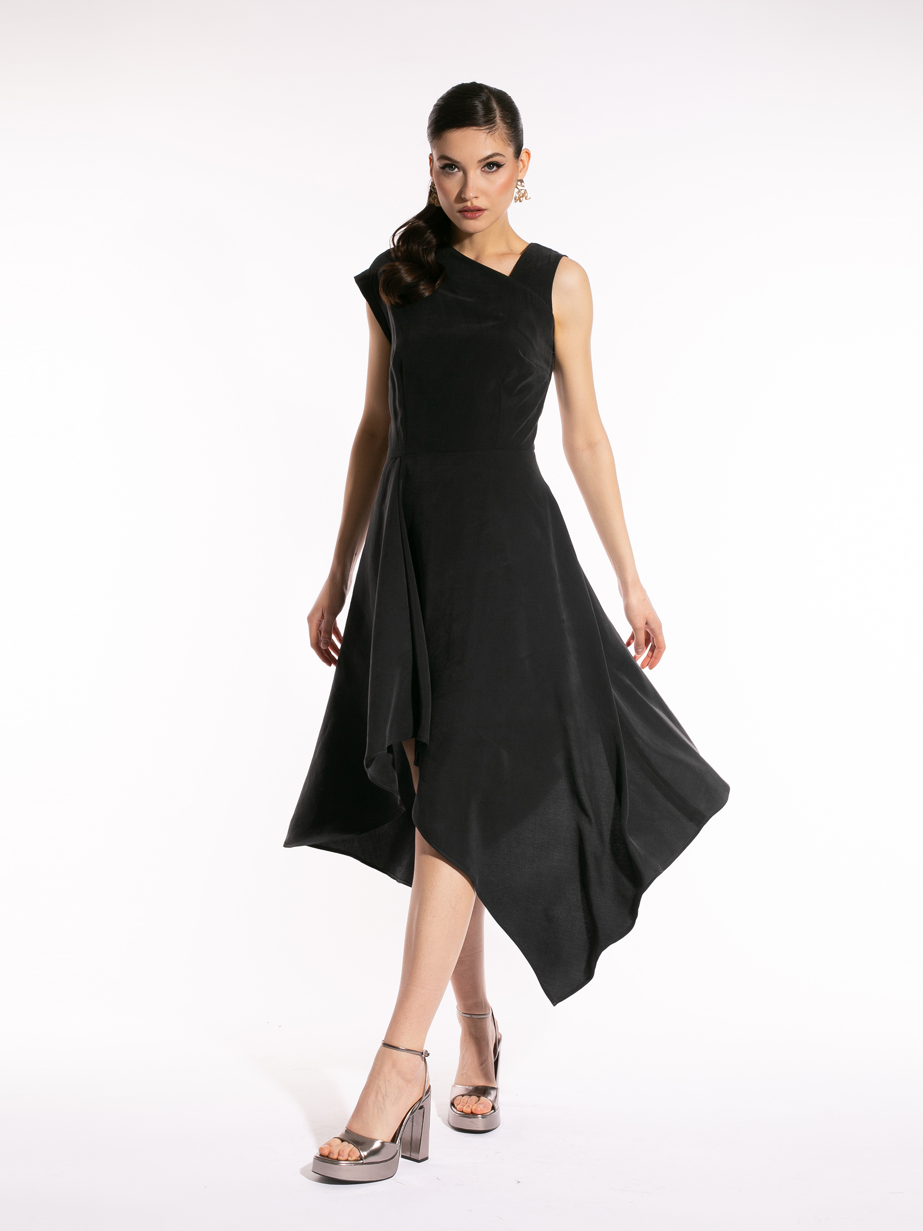 Rochie din tencel negru prafuit Thea by Larisa Dragna