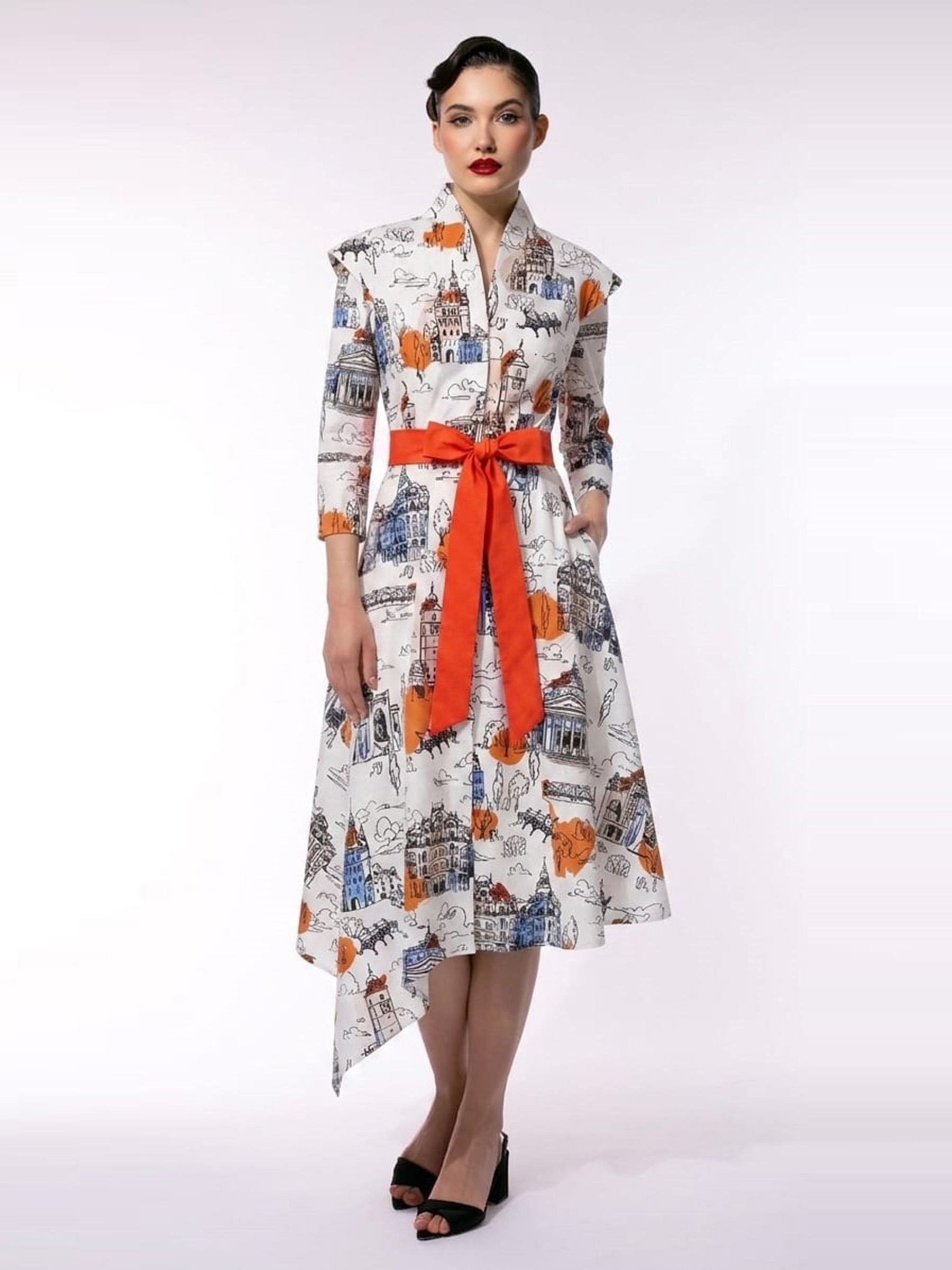 Rochie din in cu print și guler kimono by Larisa Dragna