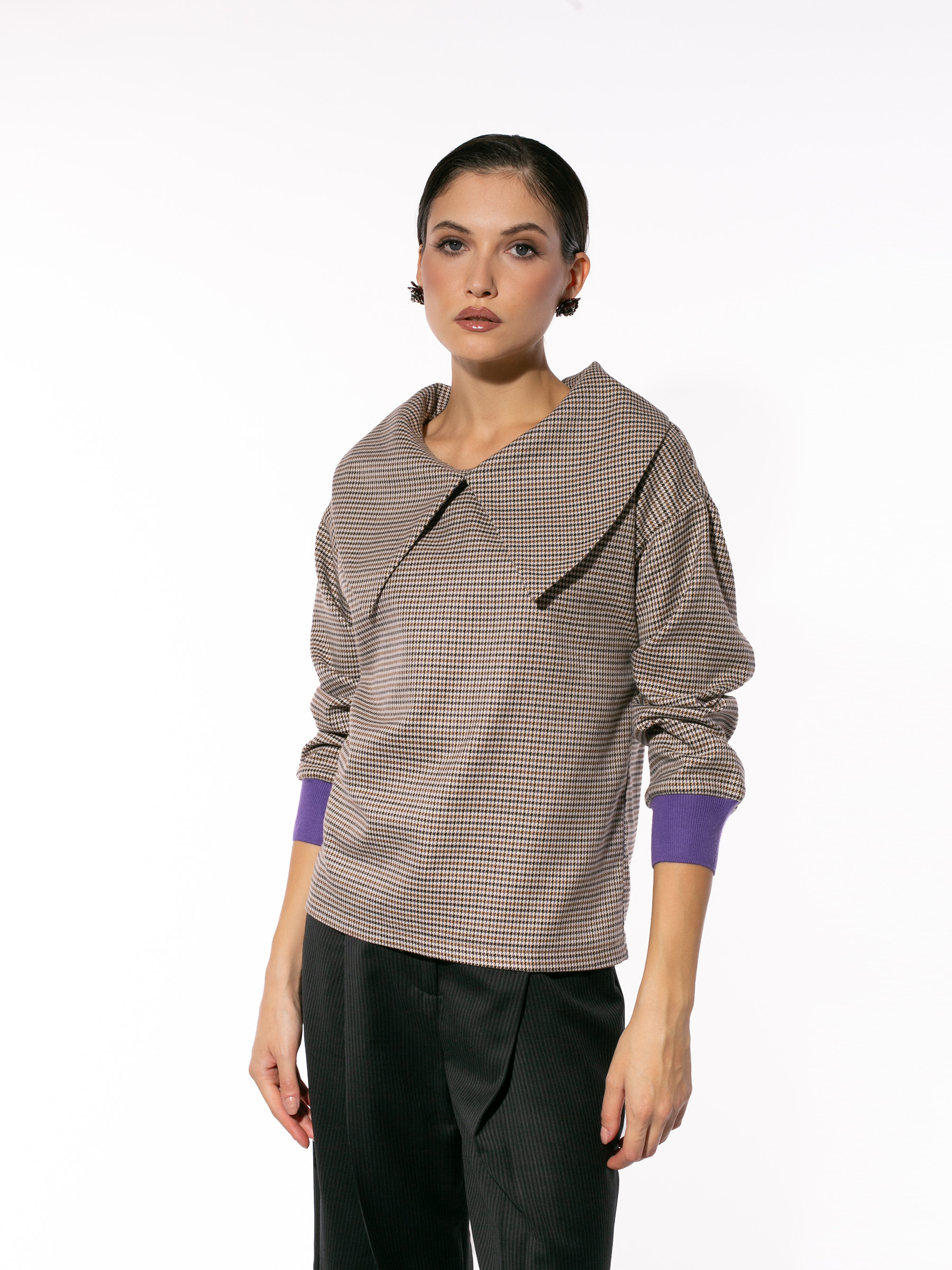 Bluză guler detașabil houndstooth bej by Larisa Dragna